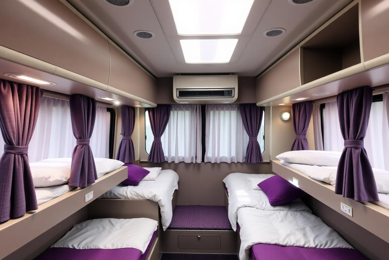 Interior of an AC sleeper bus with clean berths and curtains