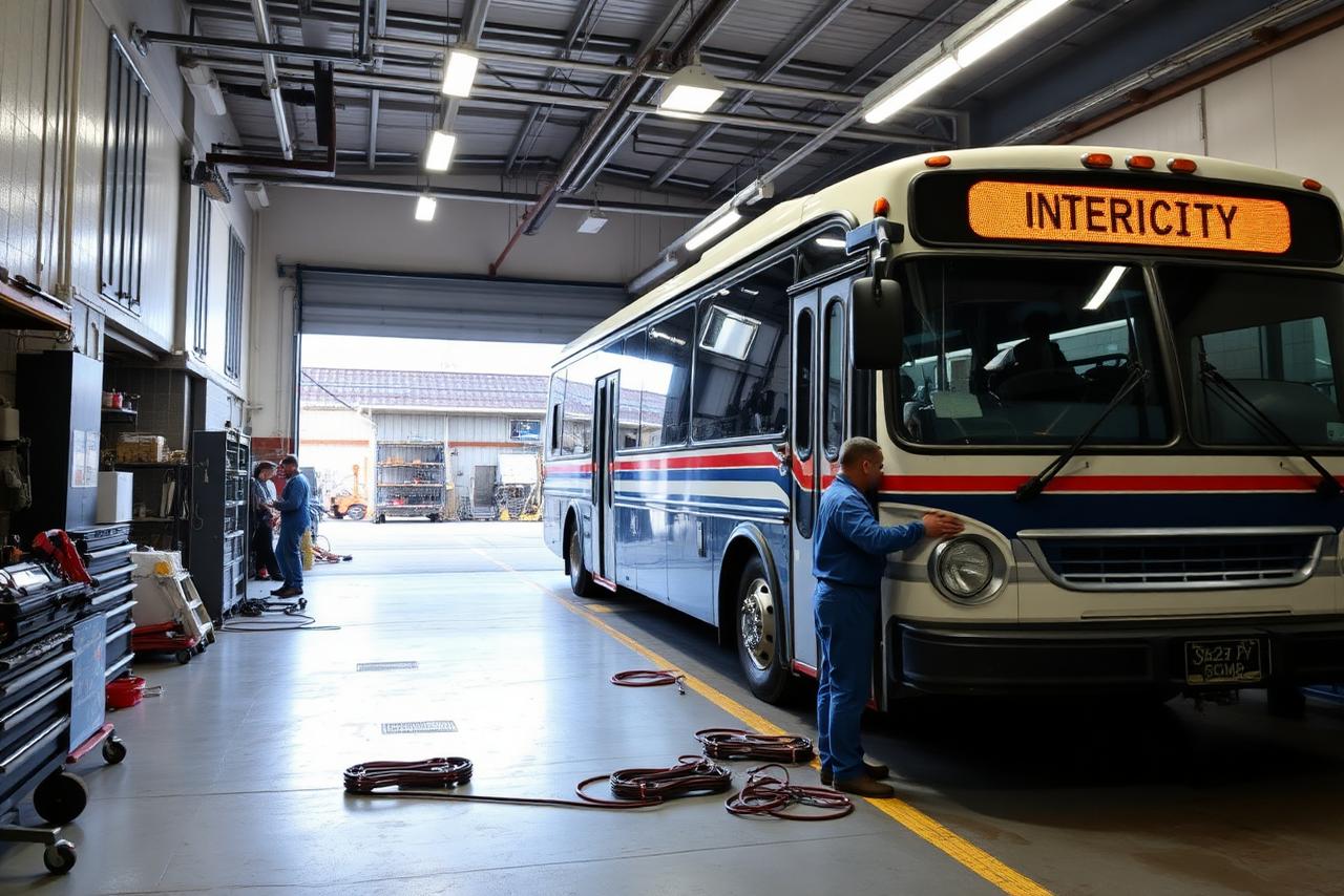 Bus being serviced by mechanics in a maintenance workshop