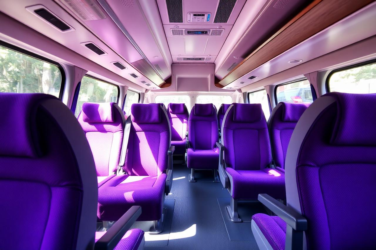 Pushback seater bus interior with reclining seats